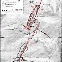 Promontorio Mine and vein zone, showing Minaurum drill holes, and 1960s underground drilling. Note that holes AL19-021 and AL19-023 collared in the immediate footwall of the Las Guijas vein and tested its footwall.