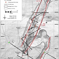 Veta Grande and Veta del 100 area, Promontorio vein zone, showing plan projections of underground workings, Minaurum drill holes, and 1960s underground drilling. Workings on the veins were originally accessed by shafts and later connected by the 1,200-m long Promontorio haulage tunnel. Longitudinal sections indicate that stoping on the Veta Grande and Veta del 100 extended to about 470 metres elevation, about 230 metres below the surface