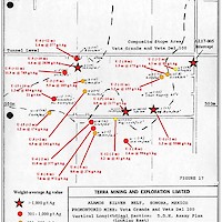 Longitudinal section of the Veta Grande – Veta del 100, Promontorio vein zone, looking east-southeast. Note the high-grade silver historical intercepts below the mined-out area. Intercepts are drilled thicknesses. Minaurum holes AL17-004 and -005 cut mineralization in the southern periphery of the mined-area.