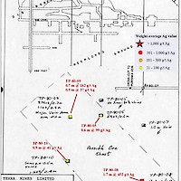 Long section of Lamas vein, showing Purísima workings (70 m behind section), drill intersections in undeveloped Lamas vein, and possible mineralized shoot (Terra Mines 1982 report).