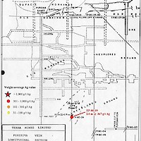 Longitudinal section of Purísima vein and mine workings. Note possible mineralized shoot below old workings intersected by hole TP80-09 (Terra Mines 1982 report).