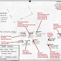 Longitudinal section of Zambona North vein (blind discovery) showing drill intersections (Terra Mines 1982 report).