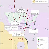 Plan map of the Cotera vein zone, showing geology and drilling