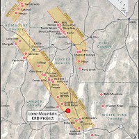 Location of Lone Mountain CRD Project.  Note position adjacent to Eureka Mining District on the Battle Mountain – Eureka trend
